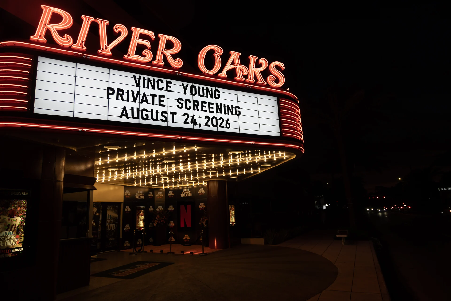 The River Oaks Theatre marquee at night, lit for the Vince Young private screening on August 24, 2026